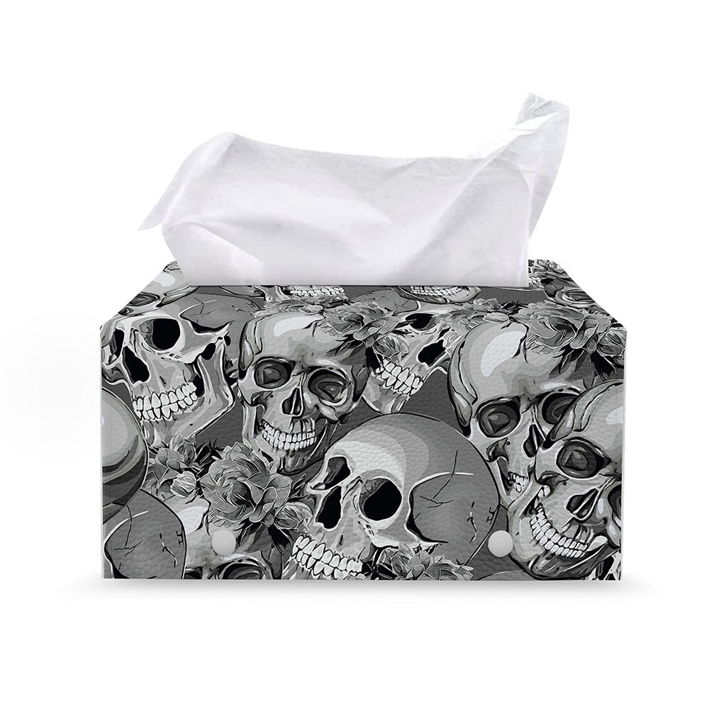 Monochrome Skull Flowers Pattern Print Leather Tissue Box Cover