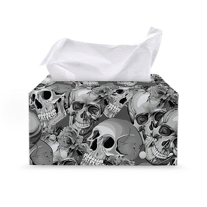 Monochrome Skull Flowers Pattern Print Leather Tissue Box Cover