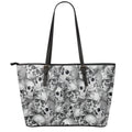 Monochrome Skull Flowers Pattern Print Leather Tote Bag With Zipper