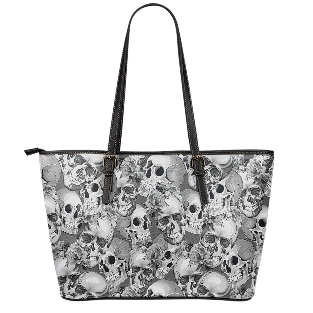 Monochrome Skull Flowers Pattern Print Leather Tote Bag