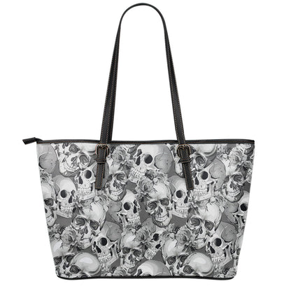 Monochrome Skull Flowers Pattern Print Leather Tote Bag