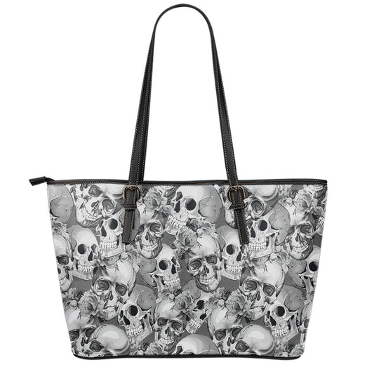 Monochrome Skull Flowers Pattern Print Leather Tote Bag