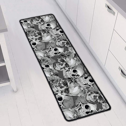 Monochrome Skull Flowers Pattern Print Long Kitchen Mat