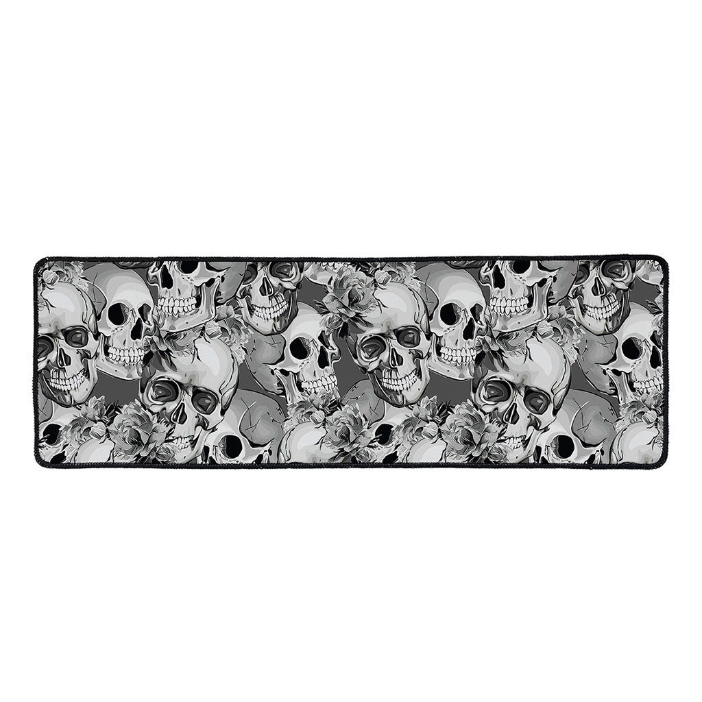 Monochrome Skull Flowers Pattern Print Long Kitchen Mat