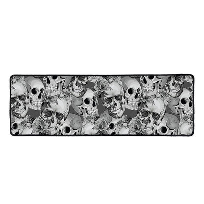 Monochrome Skull Flowers Pattern Print Long Kitchen Mat
