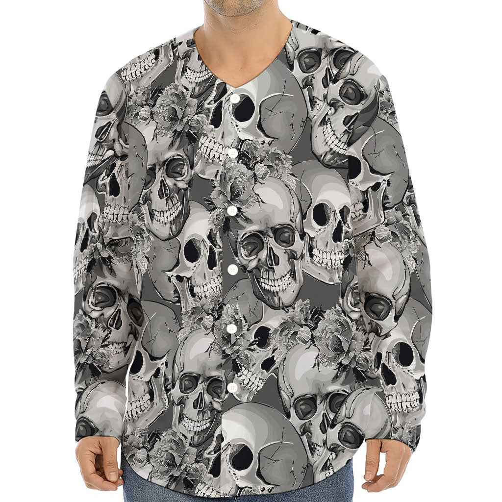 Monochrome Skull Flowers Pattern Print Long Sleeve Baseball Jersey