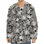 Monochrome Skull Flowers Pattern Print Long Sleeve Baseball Jersey
