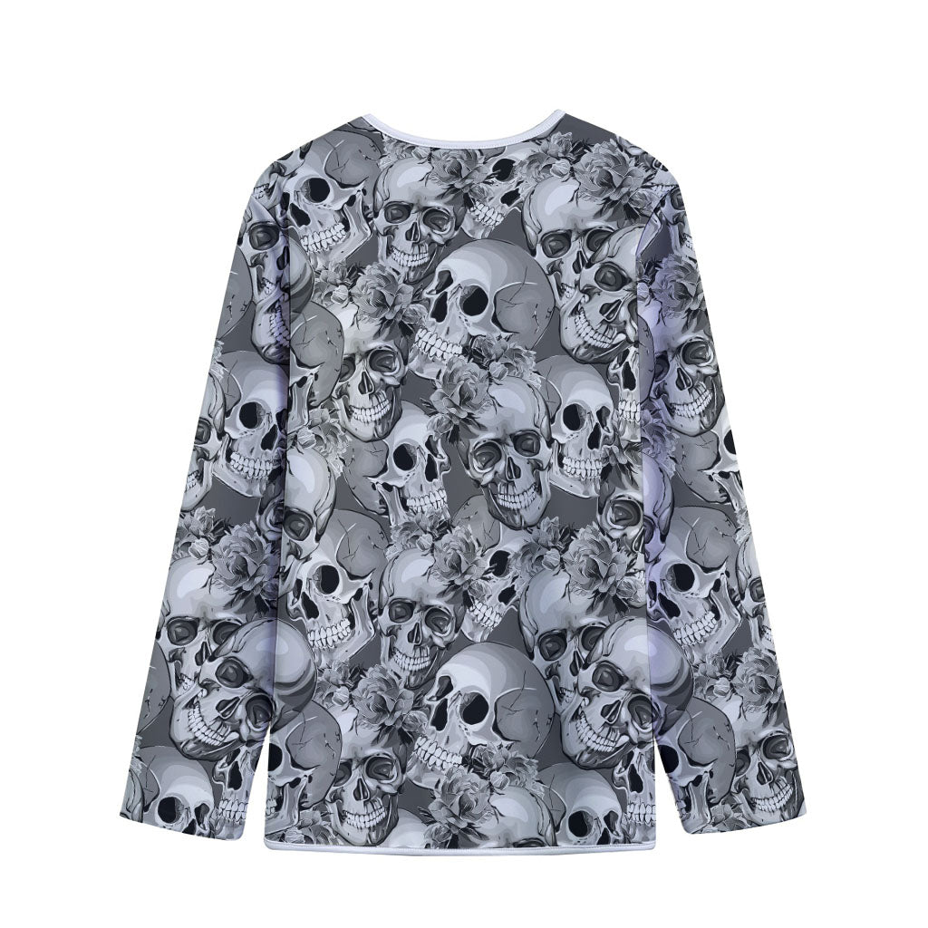 Monochrome Skull Flowers Pattern Print Long Sleeve Short Coat