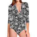 Monochrome Skull Flowers Pattern Print Long Sleeve Swimsuit