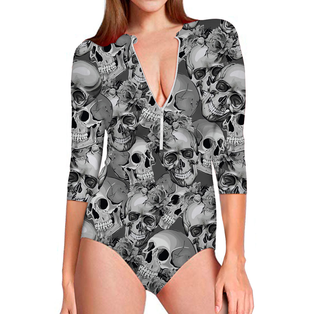 Monochrome Skull Flowers Pattern Print Long Sleeve Swimsuit