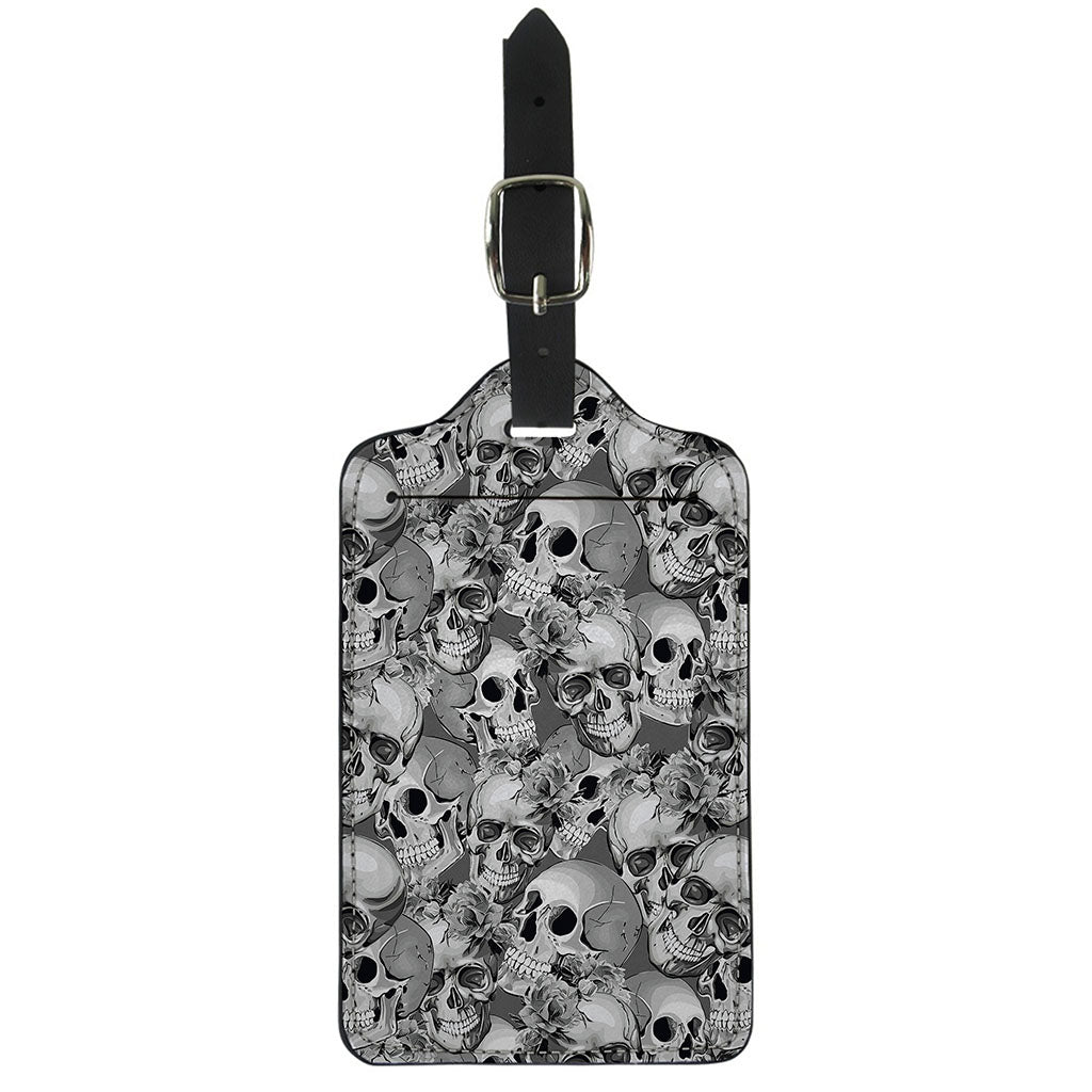 Monochrome Skull Flowers Pattern Print Luggage Tag