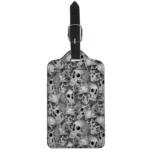 Monochrome Skull Flowers Pattern Print Luggage Tag