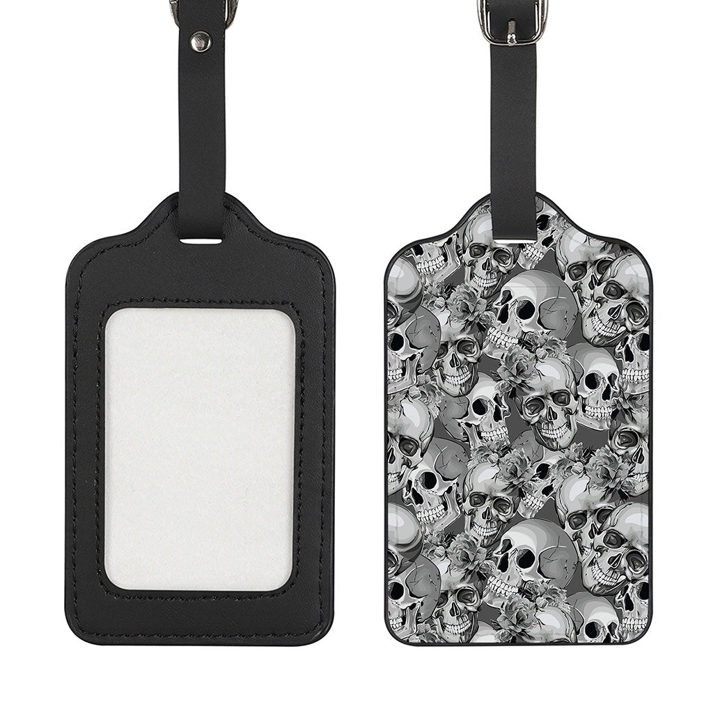 Monochrome Skull Flowers Pattern Print Luggage Tag
