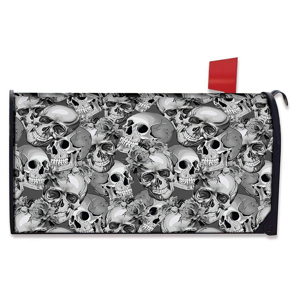 Monochrome Skull Flowers Pattern Print Mailbox Cover