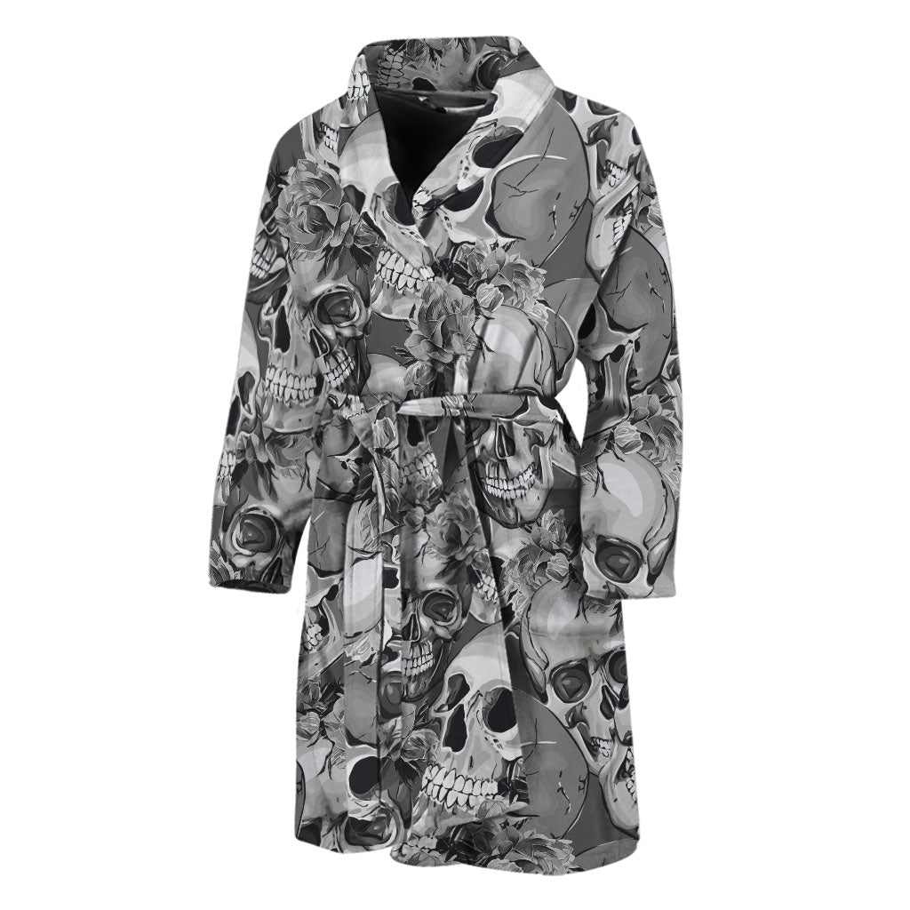Monochrome Skull Flowers Pattern Print Men's Bathrobe