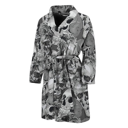 Monochrome Skull Flowers Pattern Print Men's Bathrobe