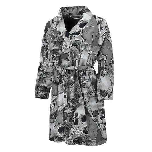 Monochrome Skull Flowers Pattern Print Men's Bathrobe
