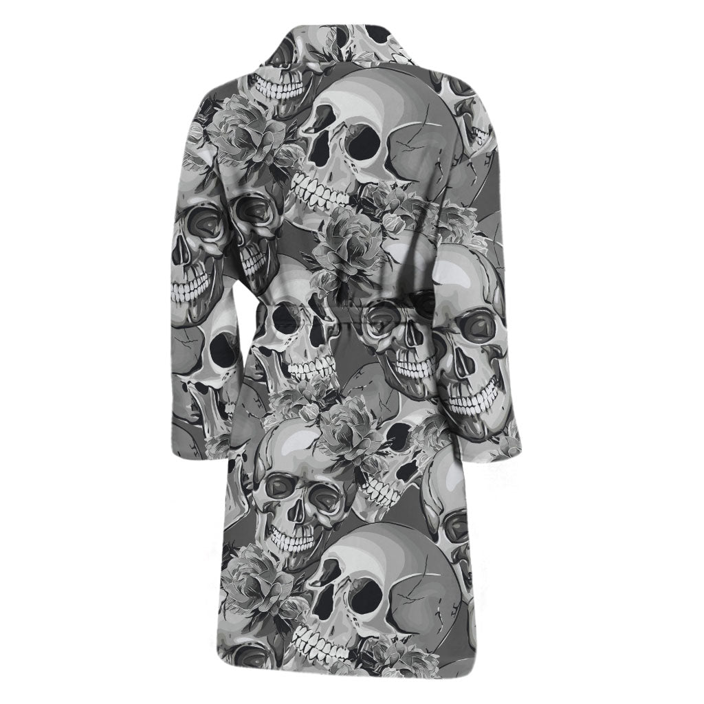 Monochrome Skull Flowers Pattern Print Men's Bathrobe