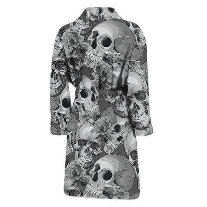 Monochrome Skull Flowers Pattern Print Men's Bathrobe