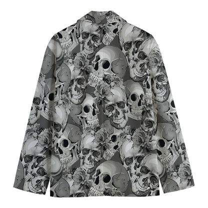 Monochrome Skull Flowers Pattern Print Men's Blazer