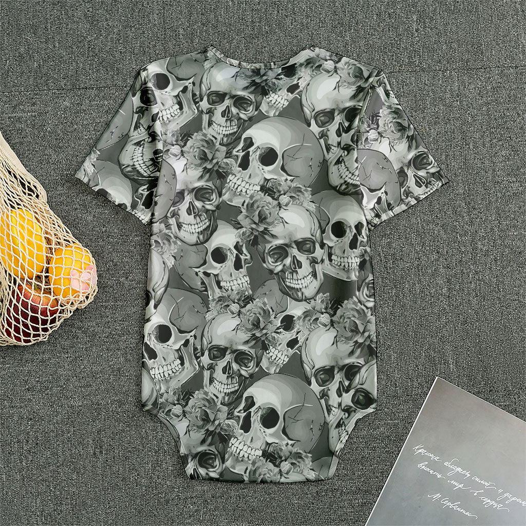 Monochrome Skull Flowers Pattern Print Men's Bodysuit