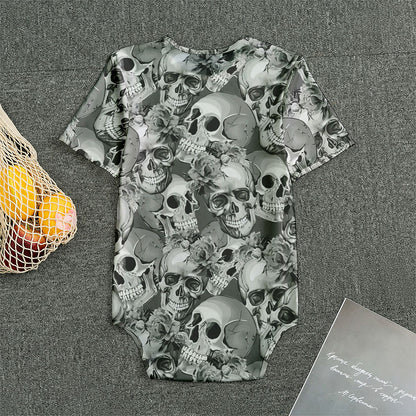 Monochrome Skull Flowers Pattern Print Men's Bodysuit