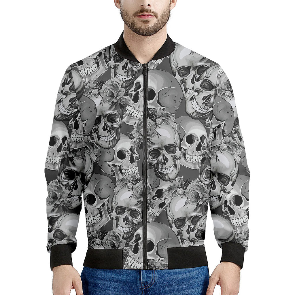 Monochrome Skull Flowers Pattern Print Men's Bomber Jacket