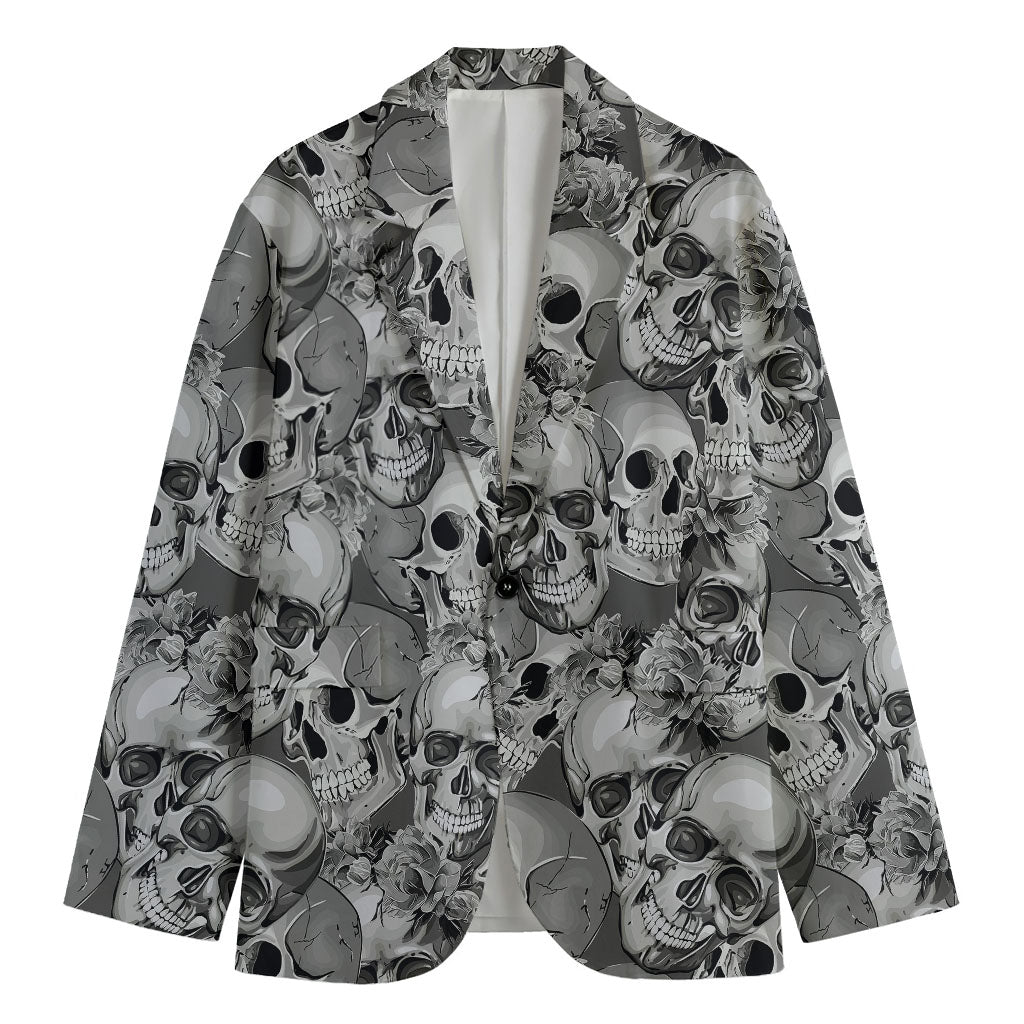 Monochrome Skull Flowers Pattern Print Men's Cotton Blazer