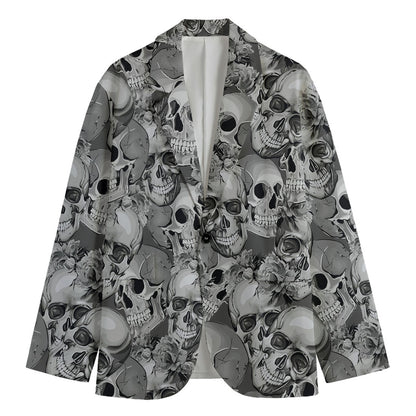 Monochrome Skull Flowers Pattern Print Men's Cotton Blazer