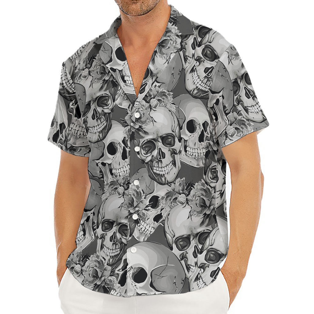 Monochrome Skull Flowers Pattern Print Men's Deep V-Neck Shirt