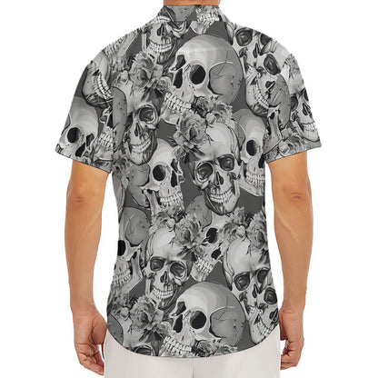 Monochrome Skull Flowers Pattern Print Men's Deep V-Neck Shirt