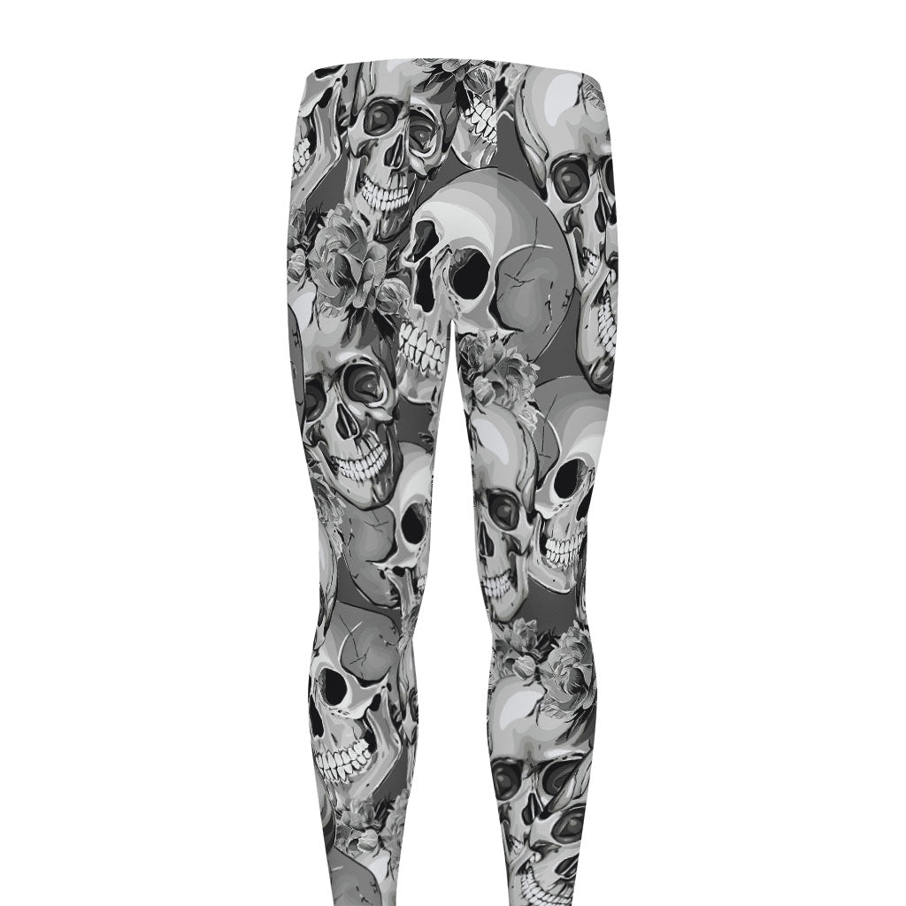 Monochrome Skull Flowers Pattern Print Men's leggings