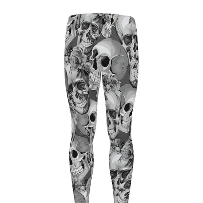 Monochrome Skull Flowers Pattern Print Men's leggings