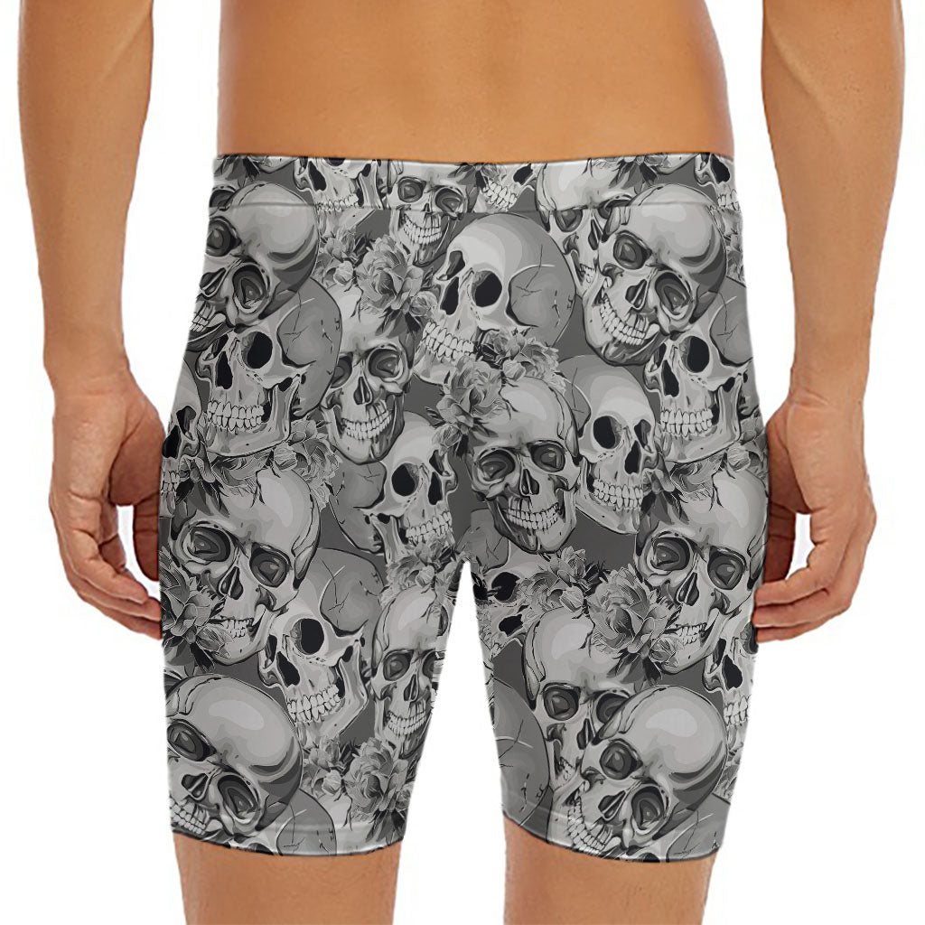 Monochrome Skull Flowers Pattern Print Men's Long Boxer Briefs