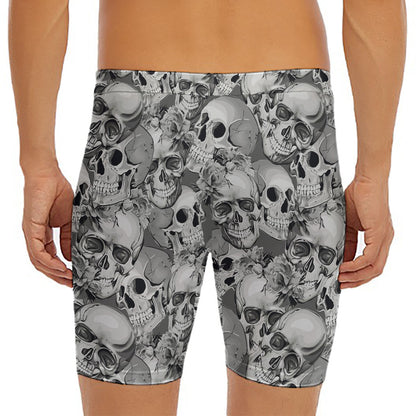 Monochrome Skull Flowers Pattern Print Men's Long Boxer Briefs
