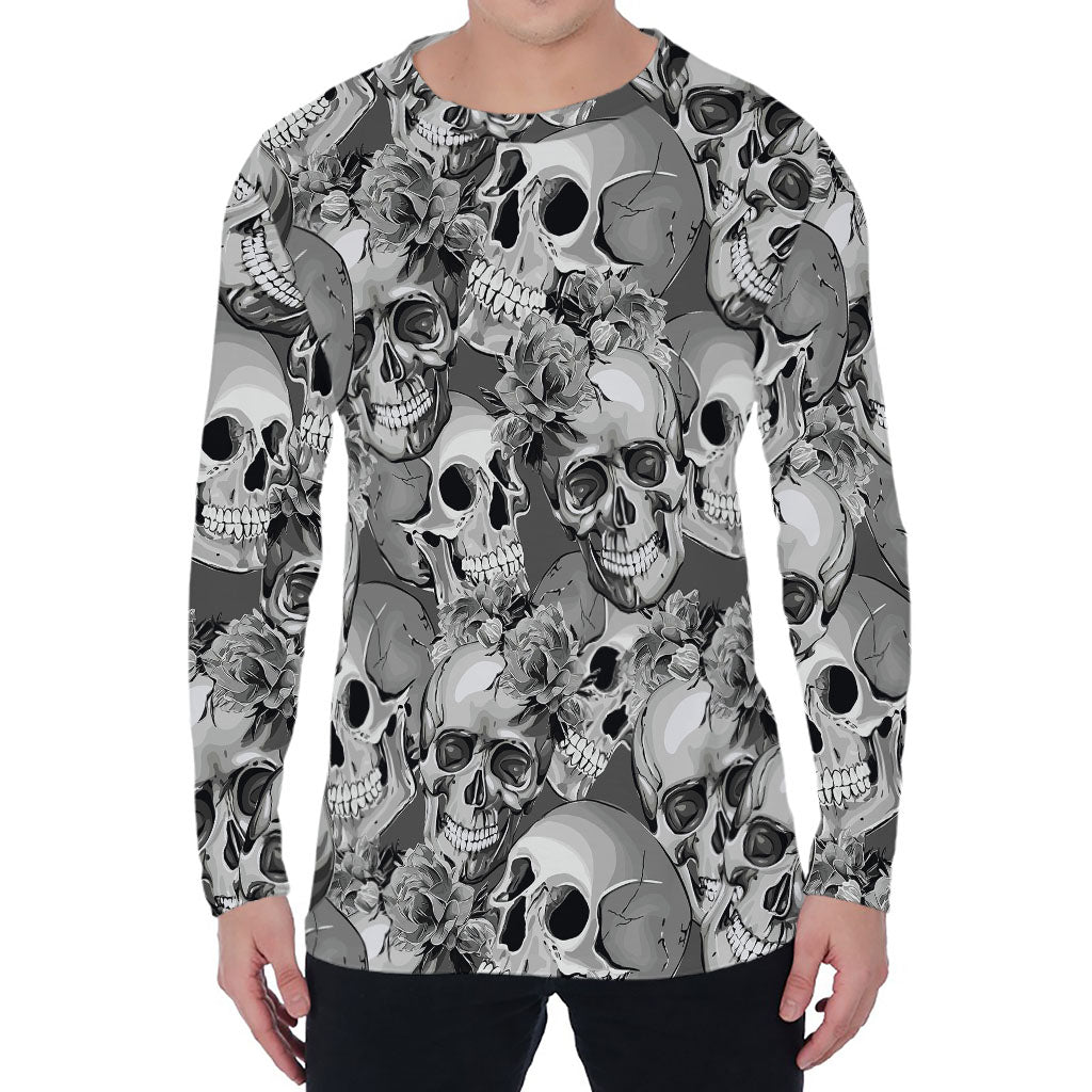 Monochrome Skull Flowers Pattern Print Men's Long Sleeve T-Shirt