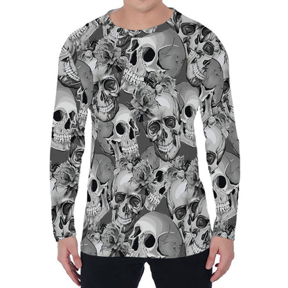 Monochrome Skull Flowers Pattern Print Men's Long Sleeve T-Shirt
