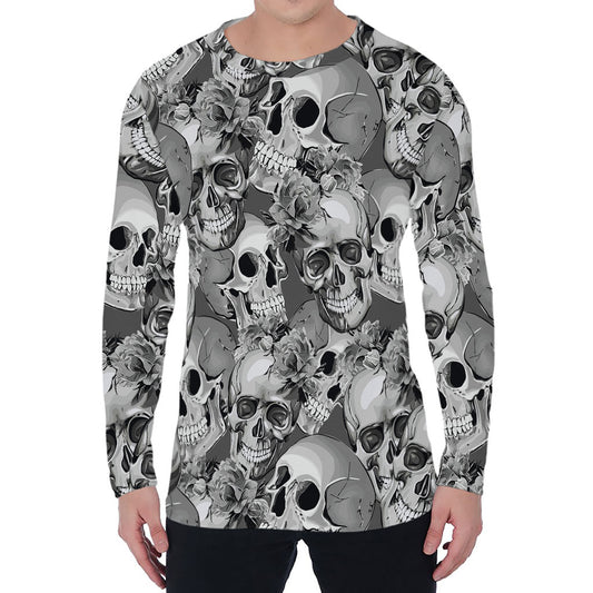 Monochrome Skull Flowers Pattern Print Men's Long Sleeve T-Shirt