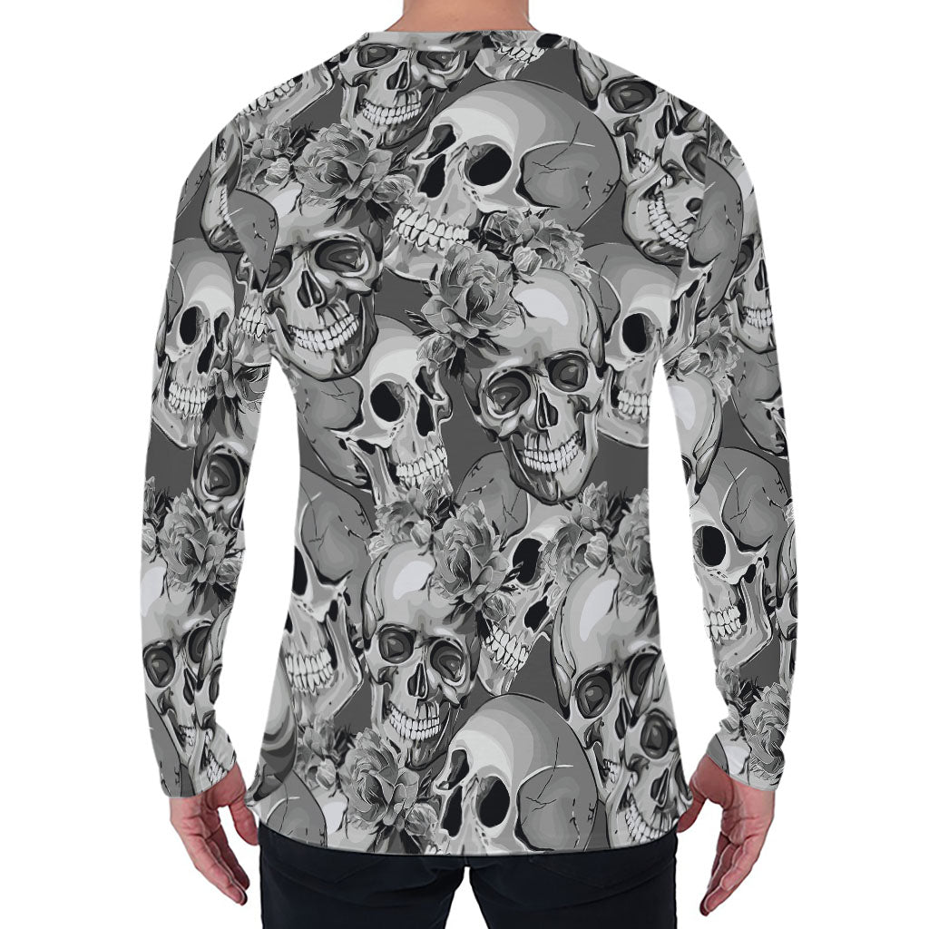 Monochrome Skull Flowers Pattern Print Men's Long Sleeve T-Shirt