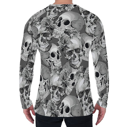 Monochrome Skull Flowers Pattern Print Men's Long Sleeve T-Shirt