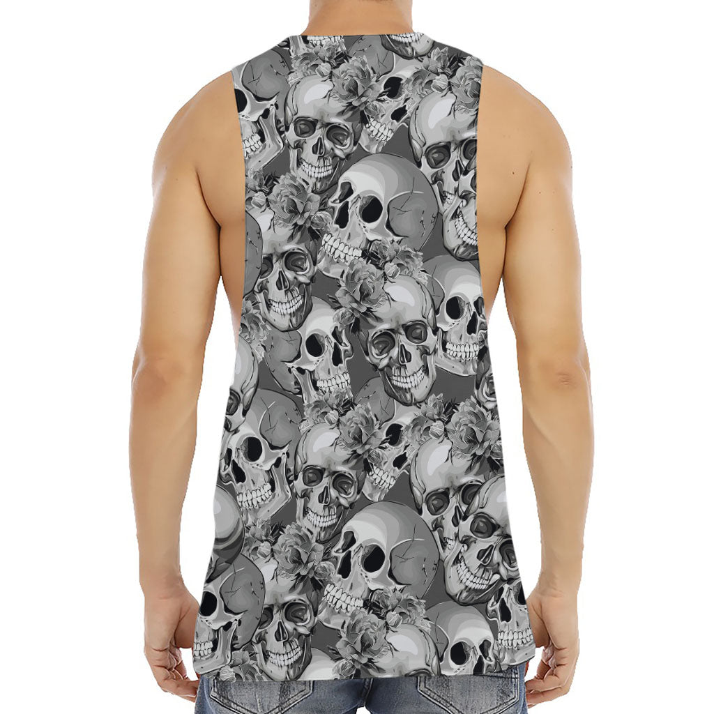 Monochrome Skull Flowers Pattern Print Men's Muscle Tank Top