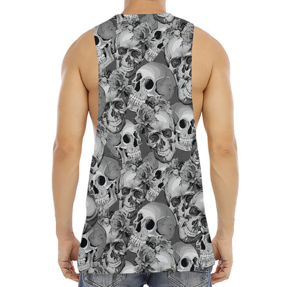 Monochrome Skull Flowers Pattern Print Men's Muscle Tank Top