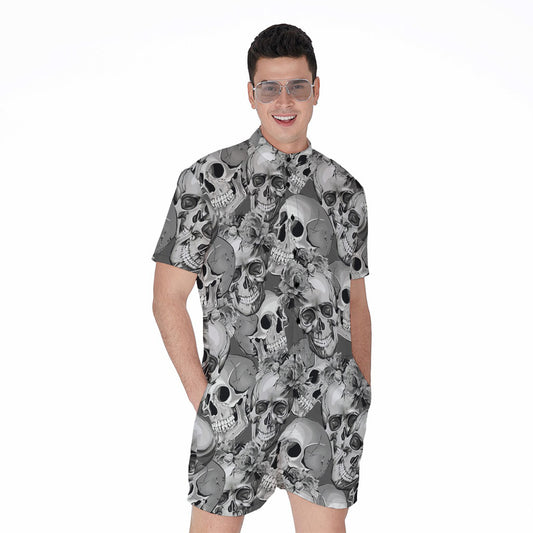 Monochrome Skull Flowers Pattern Print Men's Rompers