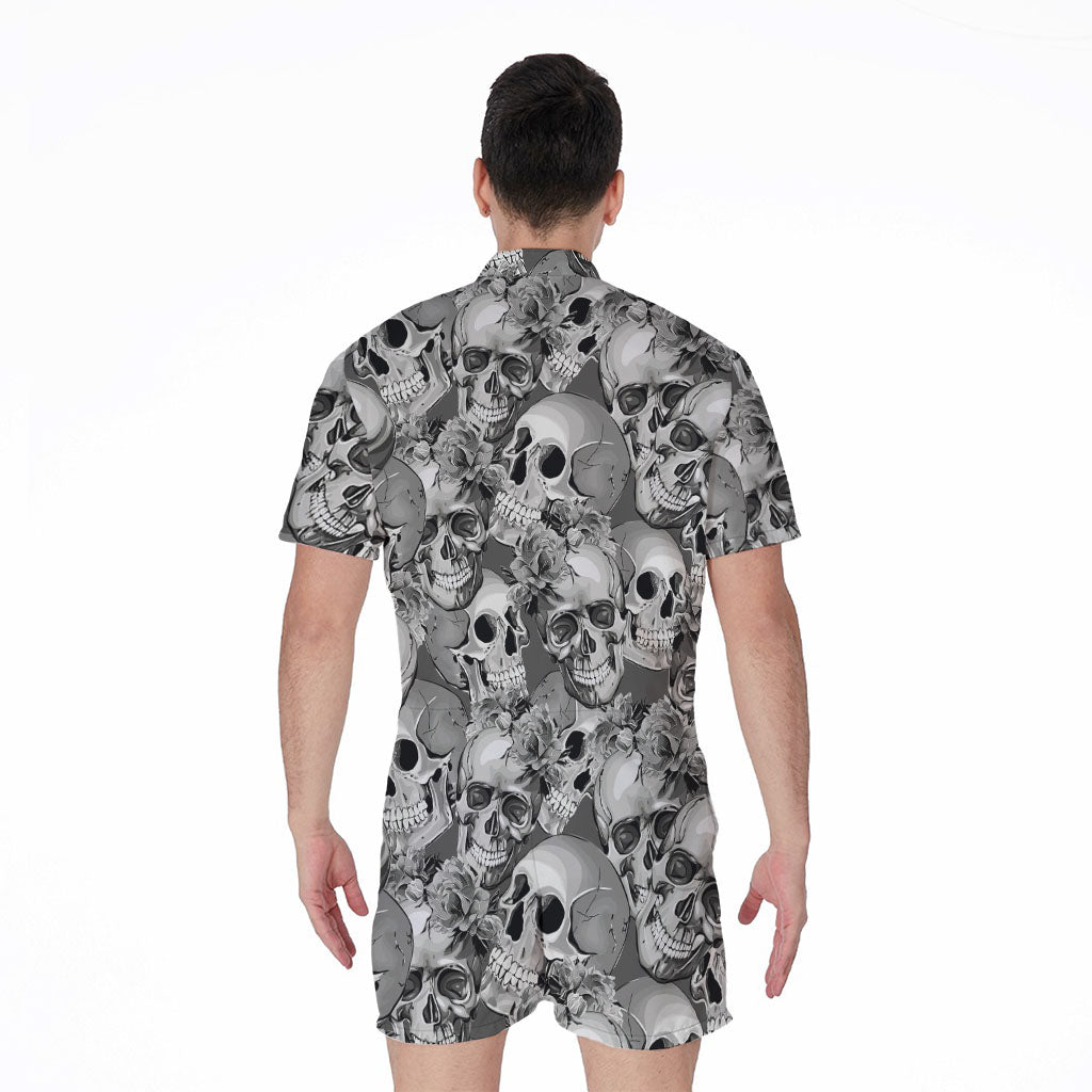 Monochrome Skull Flowers Pattern Print Men's Rompers
