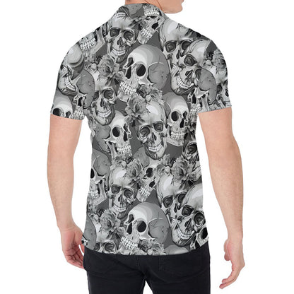 Monochrome Skull Flowers Pattern Print Men's Shirt