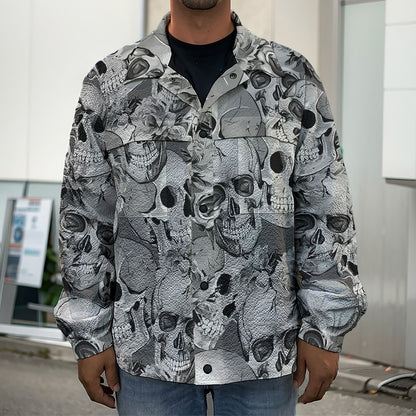 Monochrome Skull Flowers Pattern Print Men's Shirt Jacket