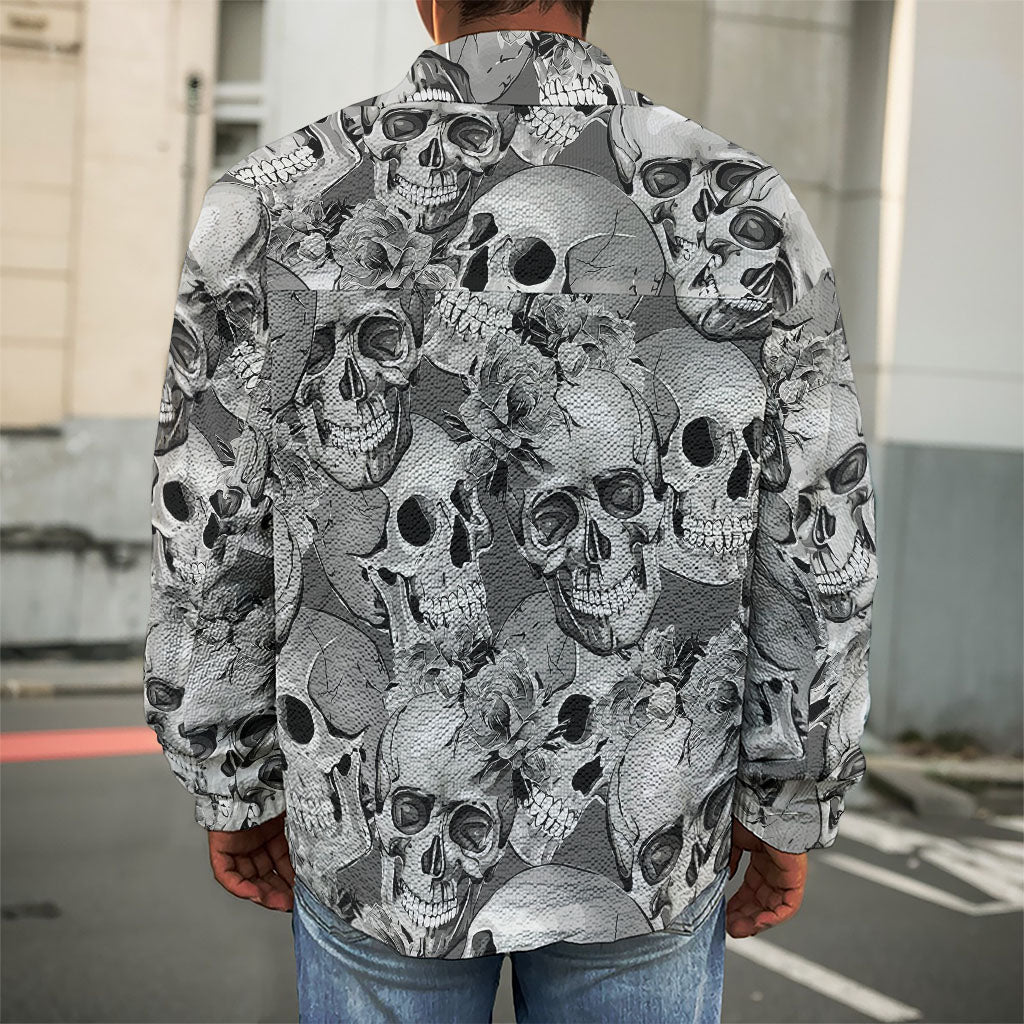 Monochrome Skull Flowers Pattern Print Men's Shirt Jacket
