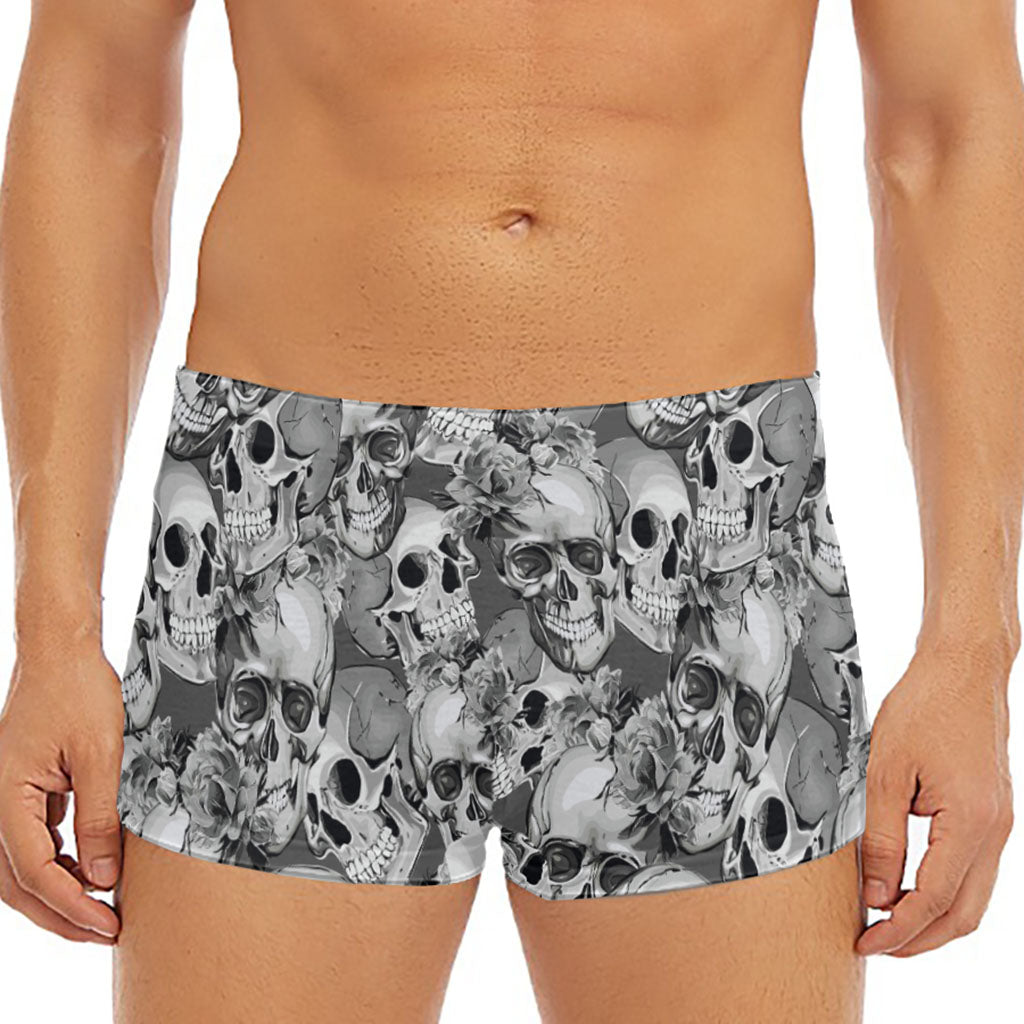 Monochrome Skull Flowers Pattern Print Men's Short Boxer Briefs