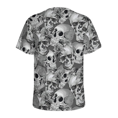 Monochrome Skull Flowers Pattern Print Men's Sports T-Shirt