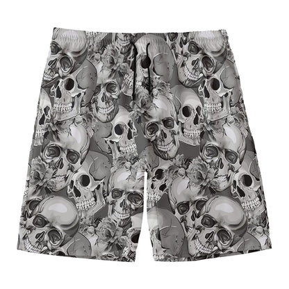 Monochrome Skull Flowers Pattern Print Men's Swim Trunks